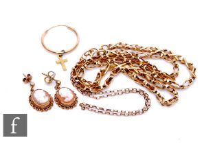 A 9ct fancy link chain, with a pair of 9ct mounted cameo earrings and a further single earring,