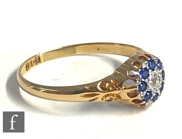 An early 20th Century 18ct sapphire and diamond cluster ring, central old diamond within a border of - Image 4 of 6