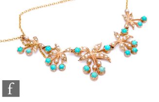 A later 20th Century 9ct hallmarked turquoise and seed pearl necklet, weight 13.5g, comprising
