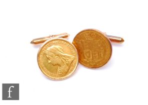 A pair of 9ct loose mounted Victorian half sovereign cufflinks, coins dated 1883 (shield back) and