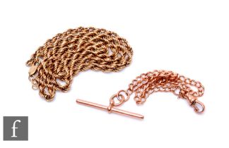 A 9ct rose gold curb bracelet with T bar and a 9ct rope twist chain terminating in lobster claps,