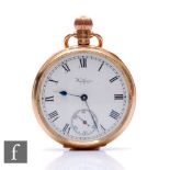 A 9ct hallmarked crown wind, Waltham open faced pocket watch, Roman numerals to a white enamelled