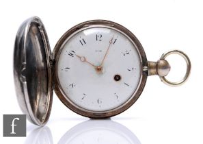 A Georgian hallmarked silver full hunter verge pocket watch, Arabic numerals to a white enamelled