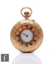An early 20th Century 14ct half hunter, crown wind fob watch with Roman numerals to a white