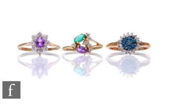 Three 9ct stone set rings, to include amethyst and paste set examples, total weight 5.6g, some