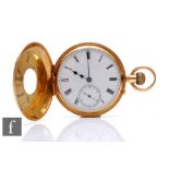 An 18ct hallmarked, crown wind, half hunter pocket watch, Roman numerals to a white enamelled