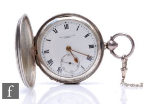 A hallmarked silver key wind, full hunter pocket watch, Roman numerals to a white enamelled dial,