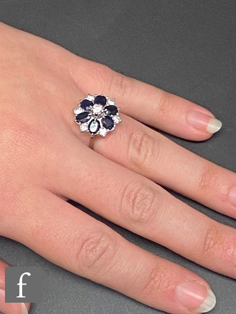 An 18ct white gold sapphire and diamond cluster ring, central diamond with six oval radiating - Image 6 of 6