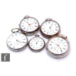 Five hallmarked silver open faced pocket and fob watches to include lever and cylinder examples,