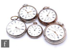 Five hallmarked silver open faced pocket and fob watches to include lever and cylinder examples,