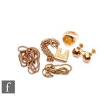 A small parcel lot of assorted 9ct jewellery, a pair of earrings, a signet ring and two chains,