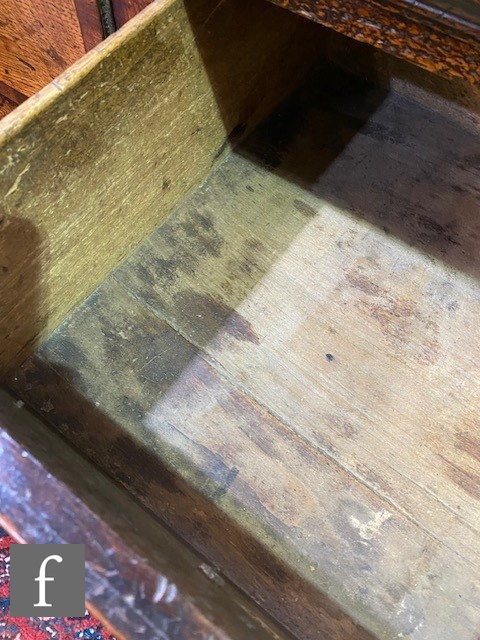 A small 18th Century oak three drawer dresser base, mahogany crossbanded front, brass fret drop - Image 4 of 8