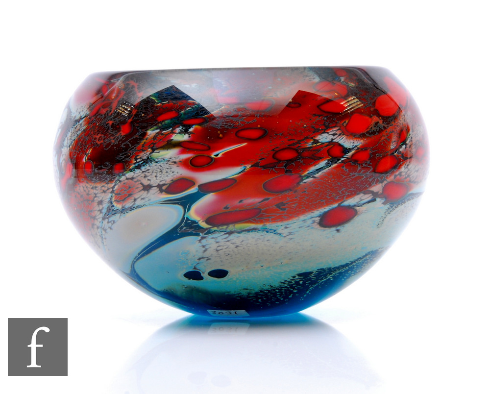 A Peter Layton contemporary studio glass bowl, of squat ovoid form, internally decorated with