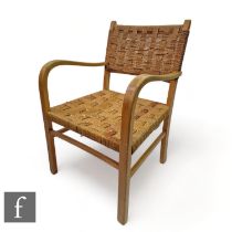 A 1940s Danish 'Ropework' open armchair by Frits Schlegel, the stained beechwood frame with woven