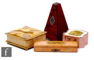 A late Victorian cartouche shaped trinket box fitted with two drawers, a similar square plush