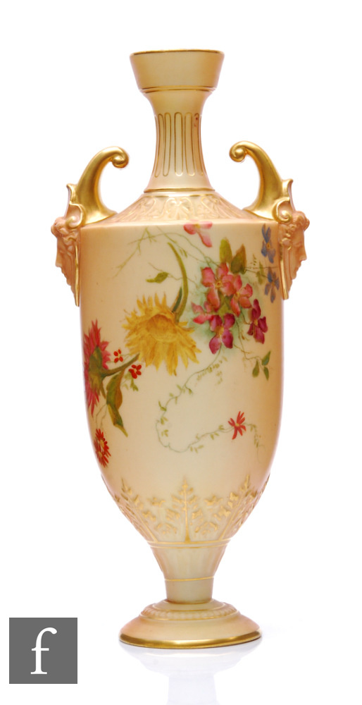 An early 20th Century Royal Worcester porcelain pedestal vase, shape 1759, of footed and