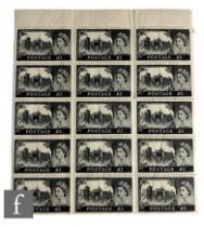 A marginal block of fifteen Queen Elizabeth II  1955 SG539 £1 black Windsor Castle postage stamps,