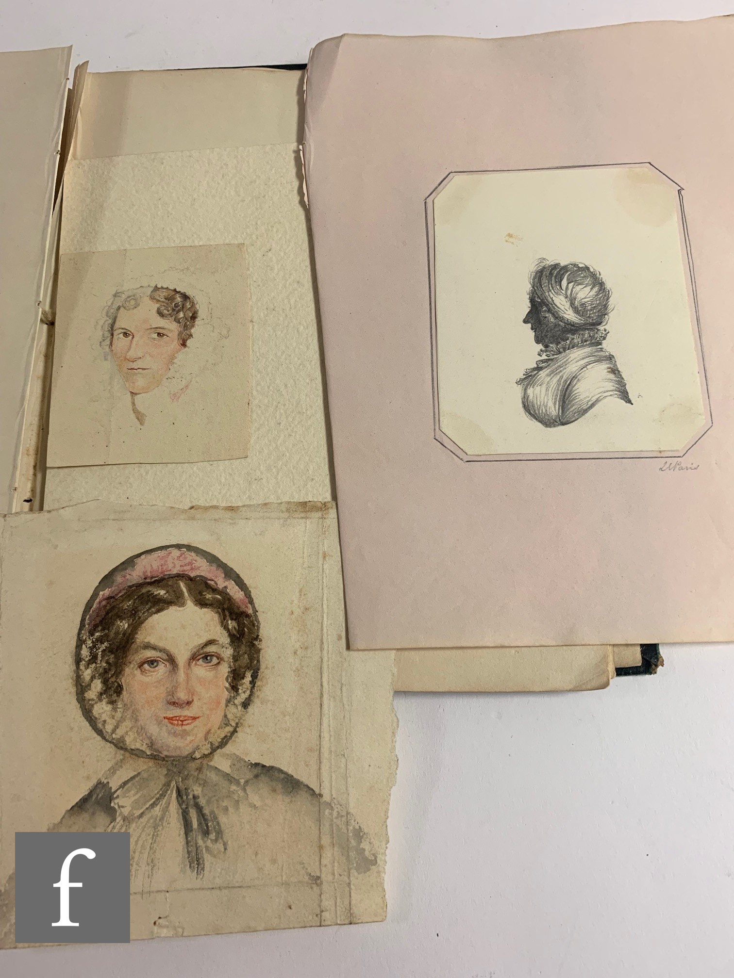 A mid 19th Century leather bound album containing watercolour portraits of the Paris family, studies - Image 12 of 19