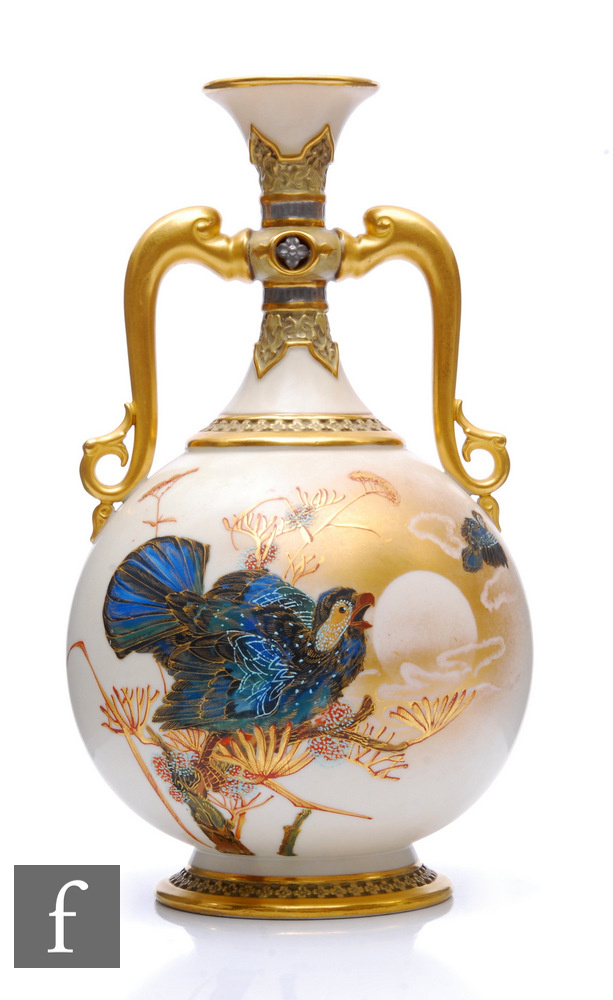 A Royal Worcester twin handled Persian style vase, dated 1883, by Charles Baldwyn, painted with