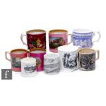 A collection of Prattware and further transfer printed mugs, all of varying styles and designs,