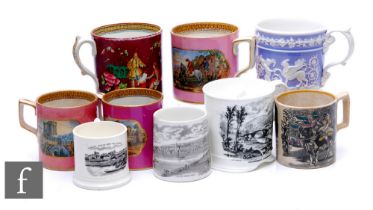 A collection of Prattware and further transfer printed mugs, all of varying styles and designs,