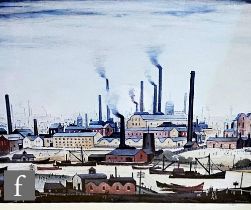 AFTER L.S. LOWRY - 'A Riverbank', photographic reproduction, numbered 131/850, framed, 39cm x