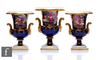 A garniture of Derby porcelain urns, circa 1820, each of campana form, raised on a square section
