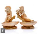 A pair of late 19th century Royal Worcester Hadley blush ivory porcelain figural comports, models