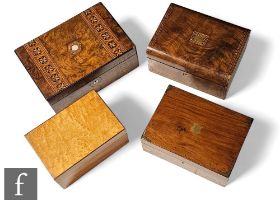 A Victorian Tunbridgeware writing box and three similar boxes, damaged.