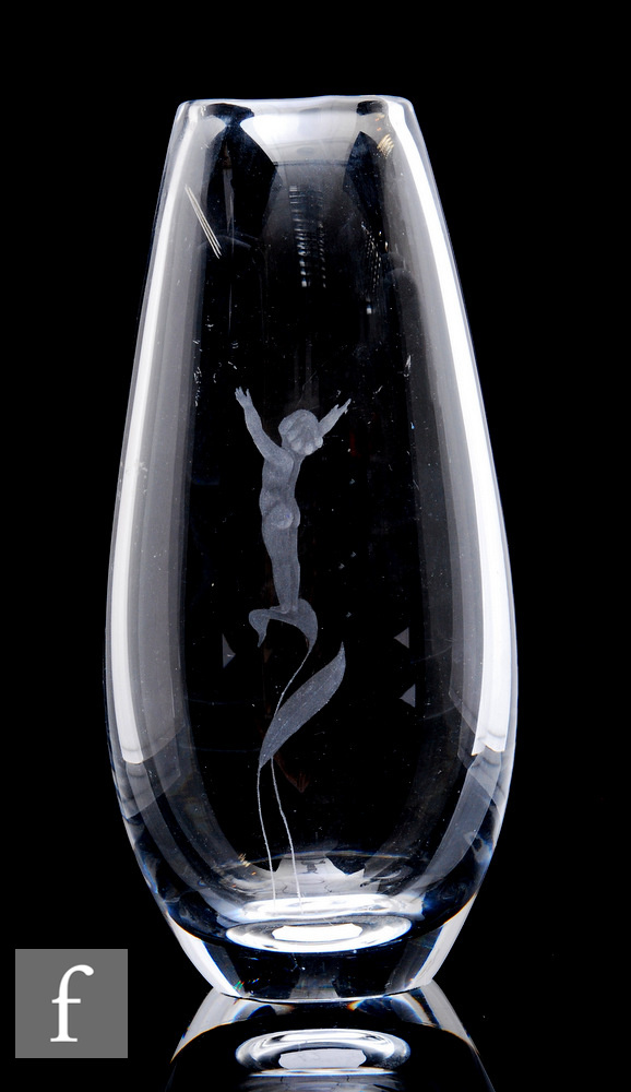 A 20th Century Kosta clear crystal glass vase of ovoid form, engraved with a stylised figure, height