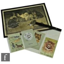 Four Louis Wain coloured character cat cards, titled 'Brown Tabby Cat', 'I knew it all the time', '