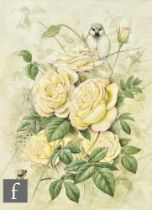 DAVID J. BUCKLE (CONTEMPORARY) - A sparrow perched on a rose bush, watercolour, signed, framed, 33cm