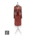 A 1960s/70s corduroy waistcoat and pencil skirt co-ord, all in a peach ground, together with a sheer