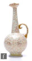 A large late 19th Century opal glass ewer by Tischer of Karlsblad, the footed globe and shaft body