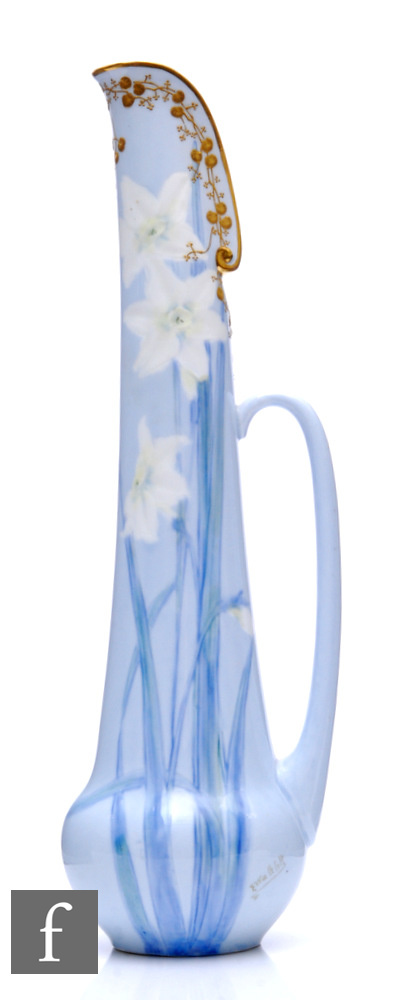 A Doulton Burslem Hyperion ewer vase by Fred Walklate, circa 1900, the pale blue ground with painted