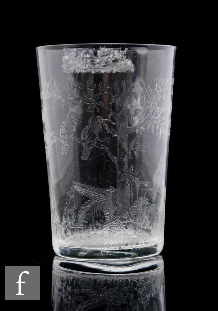 A late 19th Century Stourbridge glass clear crystal tumbler, Northwood Patent acid etched for the