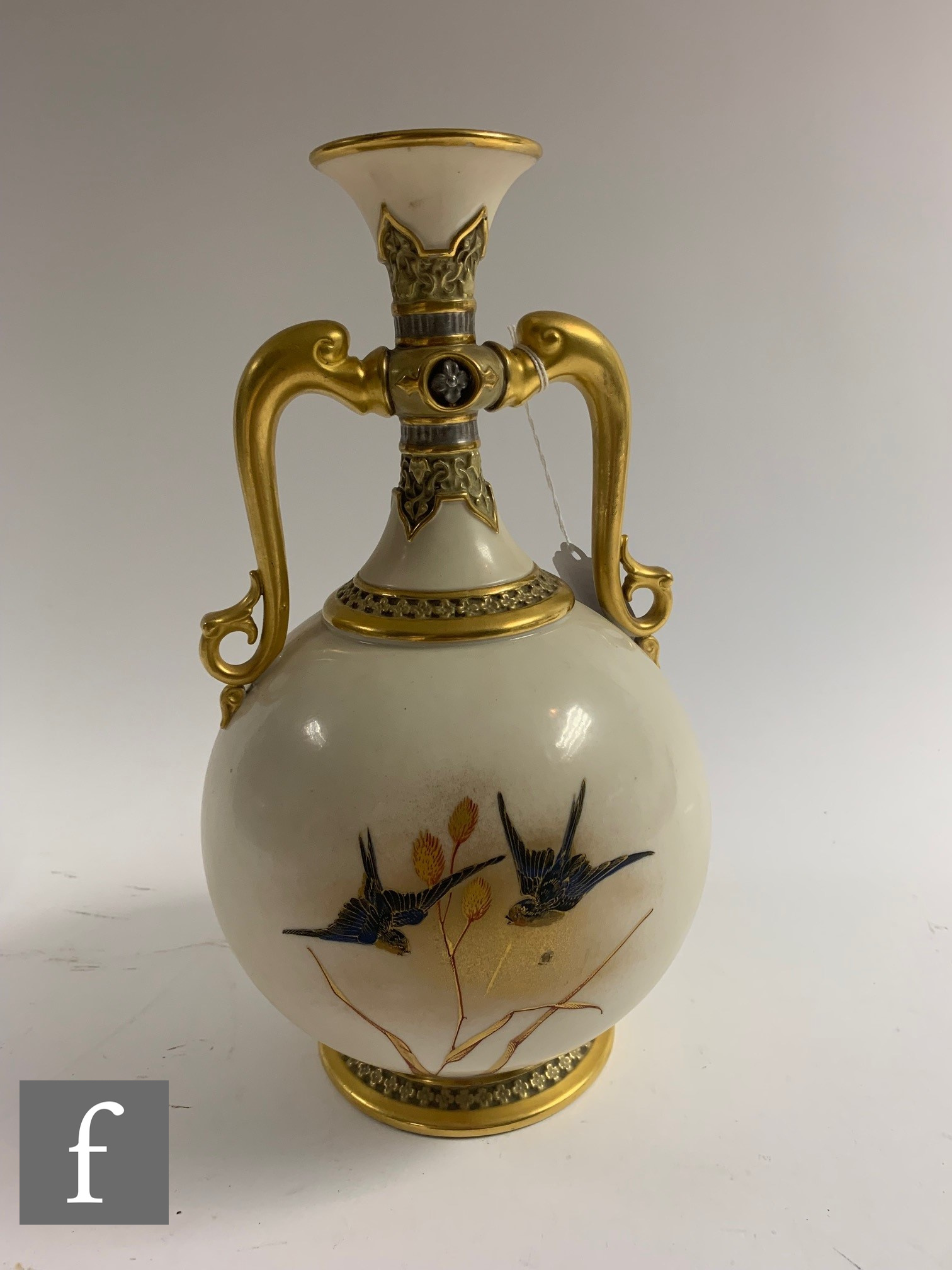 A Royal Worcester twin handled Persian style vase, dated 1883, by Charles Baldwyn, painted with - Image 3 of 9