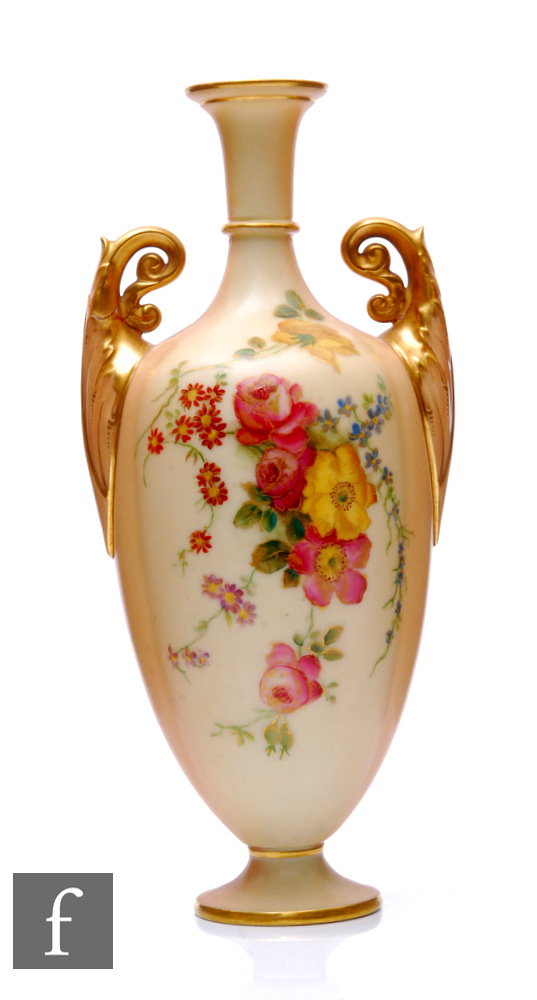 An early 20th Century Royal Worcester porcelain pedestal vase, Graingers shape 790, the footed