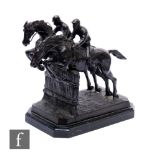 A late 20th Century bronze study of two steeple chase horses, after Bonheur, each with jockeys up