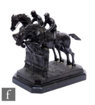 A late 20th Century bronze study of two steeple chase horses, after Bonheur, each with jockeys up
