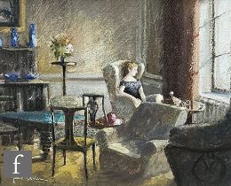 JUNE BEVAN (CONTEMPORARY) - 'Nikki and her Pink Hat' - a sitting room interior, pastel drawing,