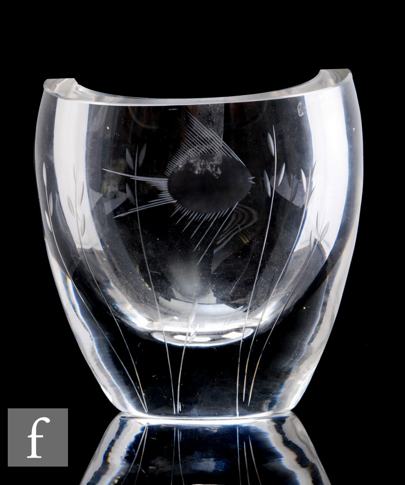 A Whitefriars clear crystal Fish Vase, by Geoffrey Baxter, of ovoid form with an engraved stylised