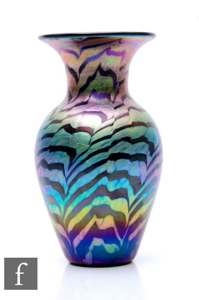 A contemporary Lundberg studio glass vase of shouldered ovoid form with large flared rim,