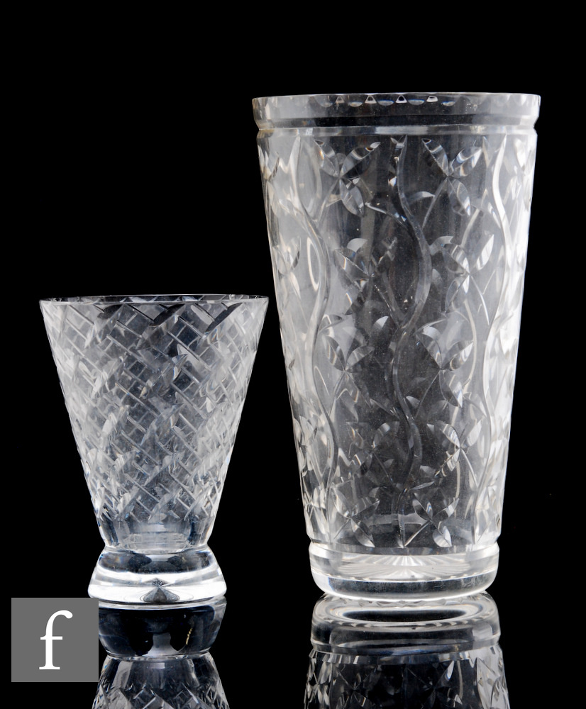 A 1960s Webb Corbett clear cut crystal vase of tumbler form, decorated with stylised flowers and