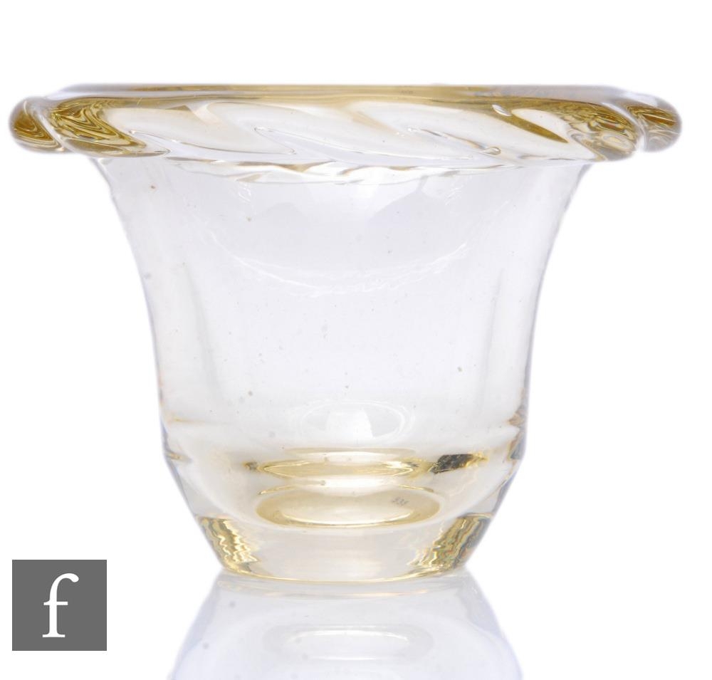 A later 20th Century Daum crystal glass vase of cylindrical form rising to a stylised rope border,