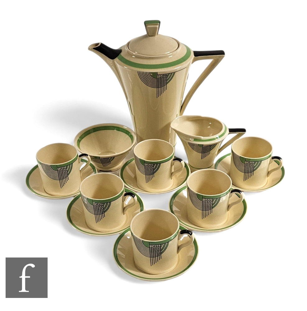 An Art Deco Royal Doulton Tango pattern coffee service, to include a coffee pot, milk jug, sugar