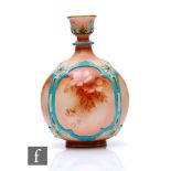 A late 19th Century Hadleys Worcester vase, the spherical body relief moulded with cartouche panels,