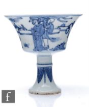A Chinese blue and white stem cup, Jianqing six-character mark to base, but later, the spreading