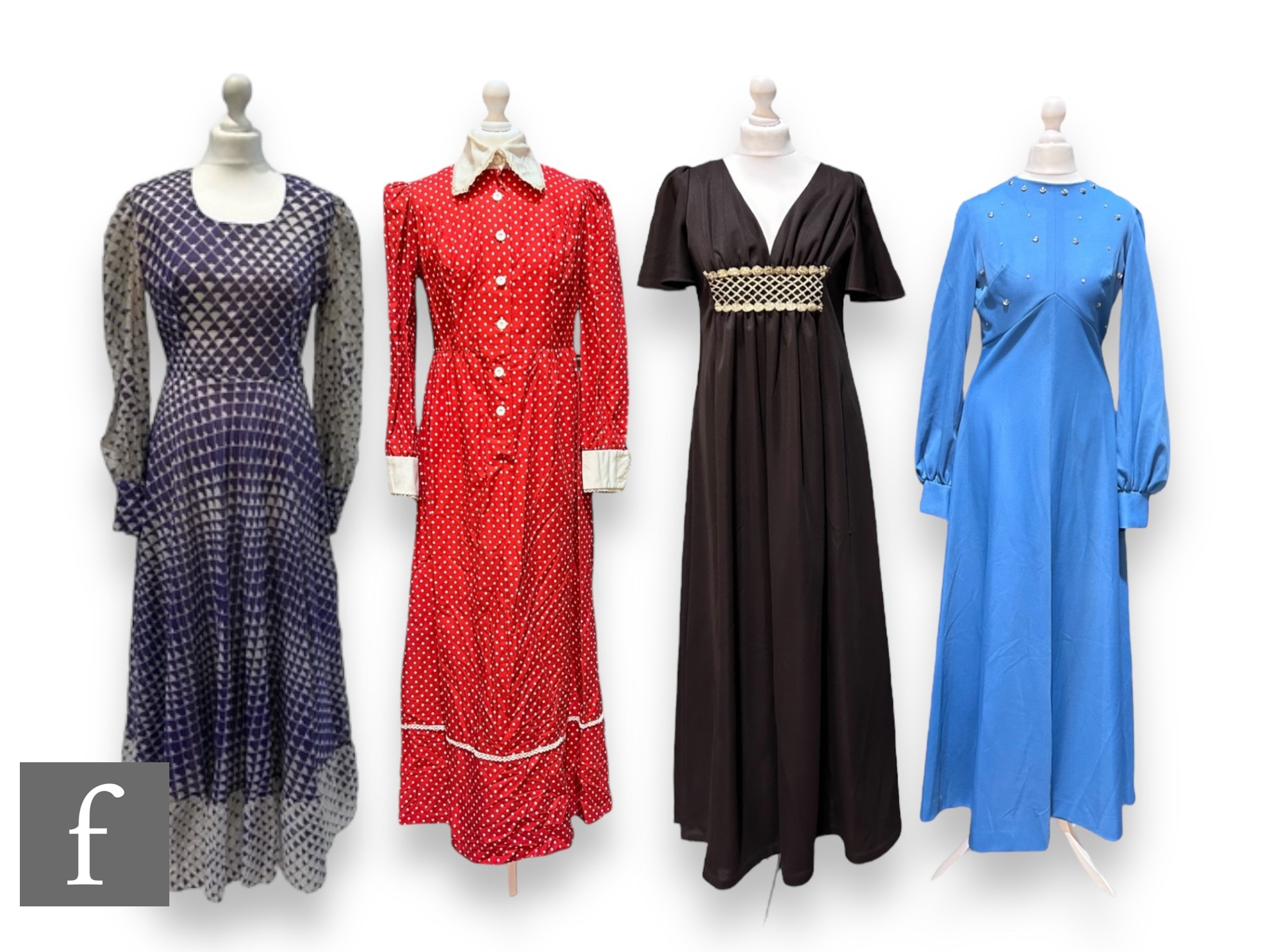 Four 1970s vintage dresses, to include a purple and white geometric pattern with flared maxi