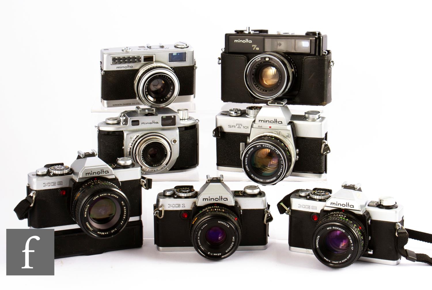 A collection of Minolta 35mm rangefinder cameras, to include SRT 101, two XG – 9, AL-S, XG-1, A, 7s.